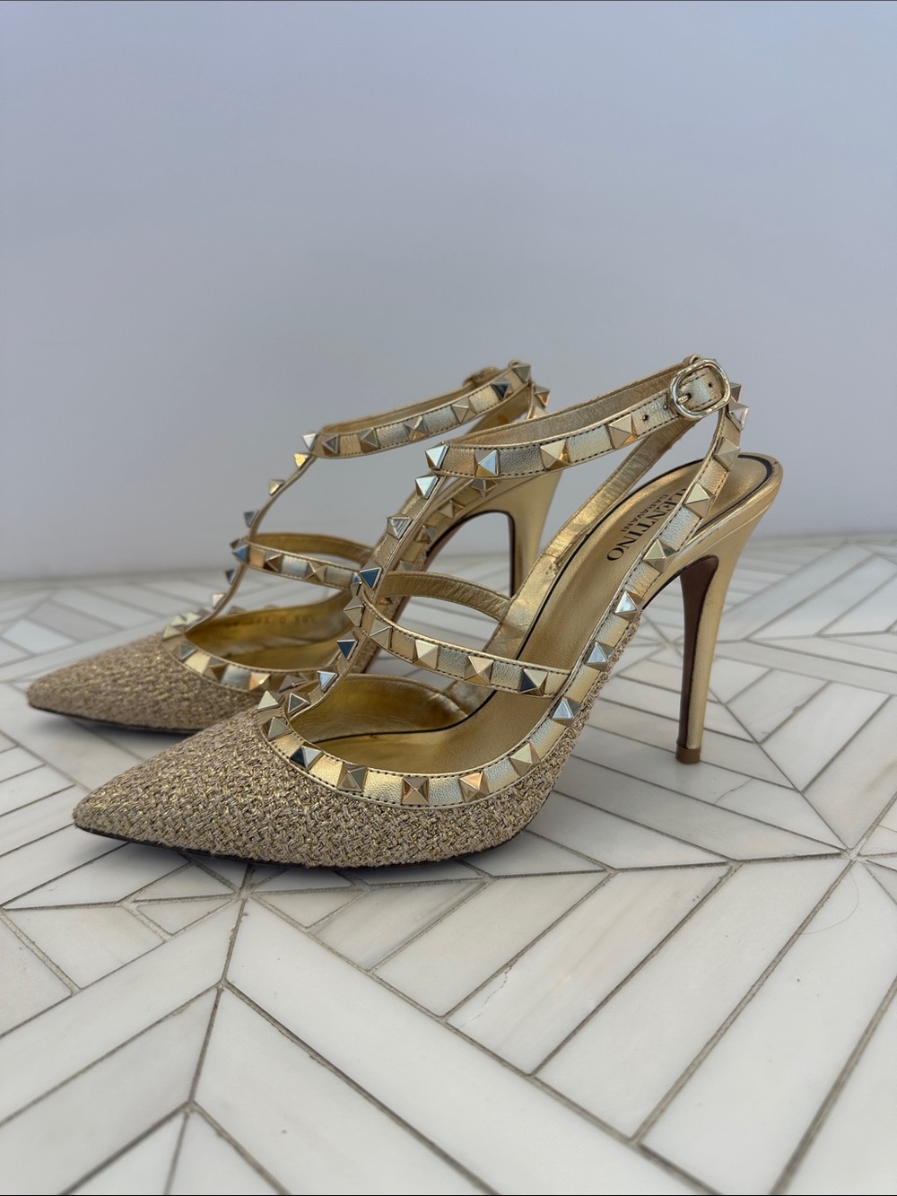 Valentino Gold Metallic & Tweed Studded Strappy Heels, size 38.5 (best for 38)
